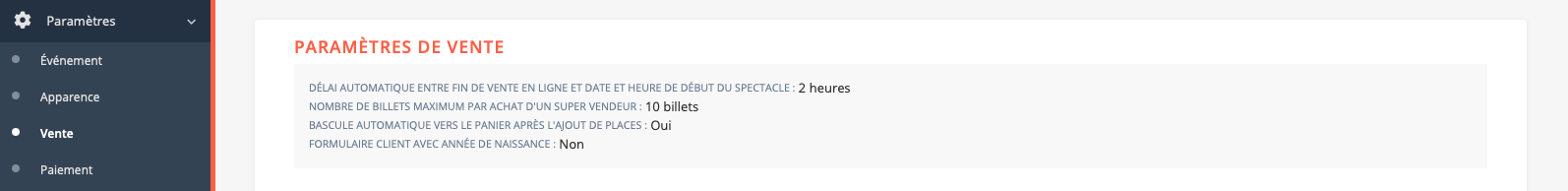 Bloc Paramètre de vente Festik- Billetterie en ligne